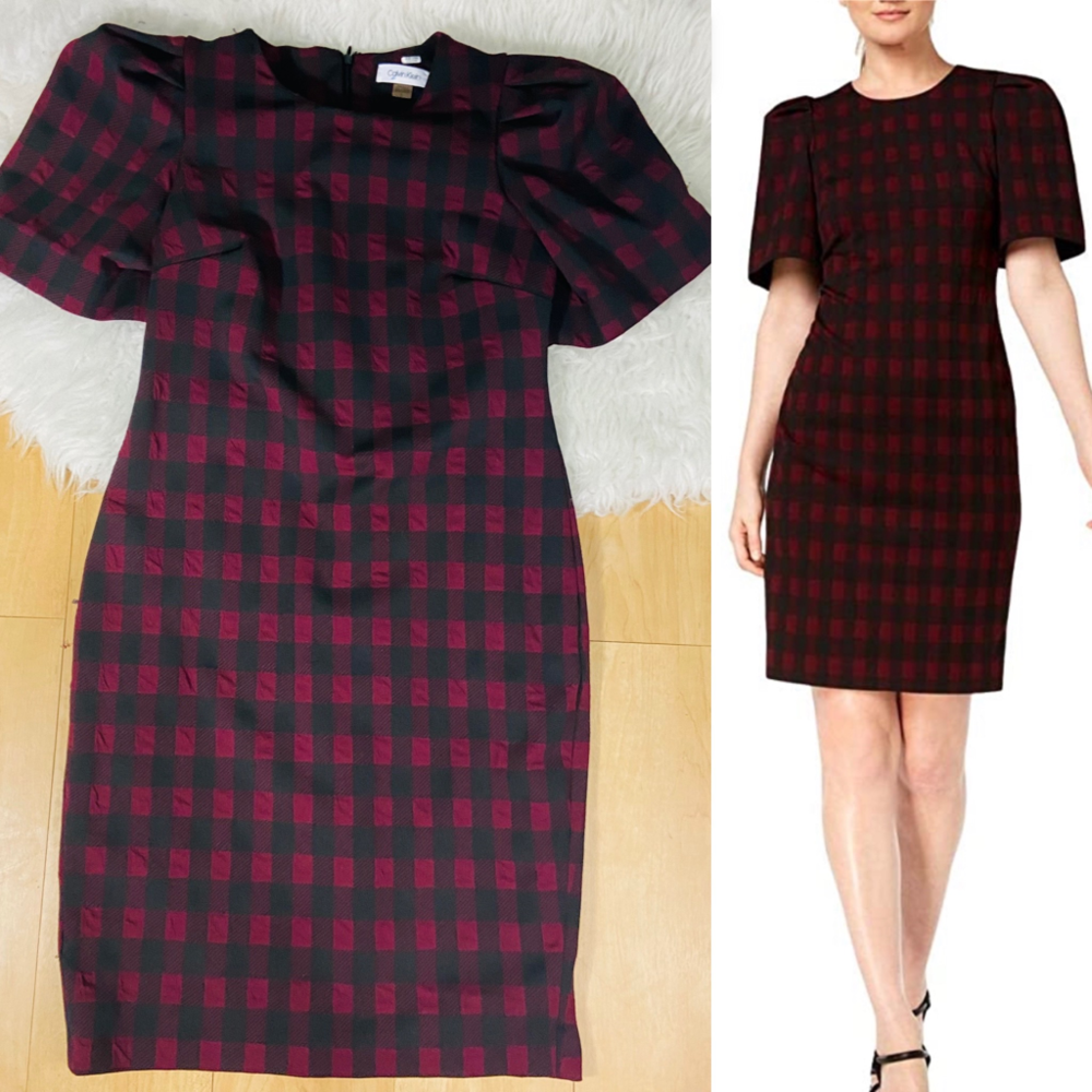 Calvin Klein puff sleeves black and burgundy / red holidays 6 plaid
